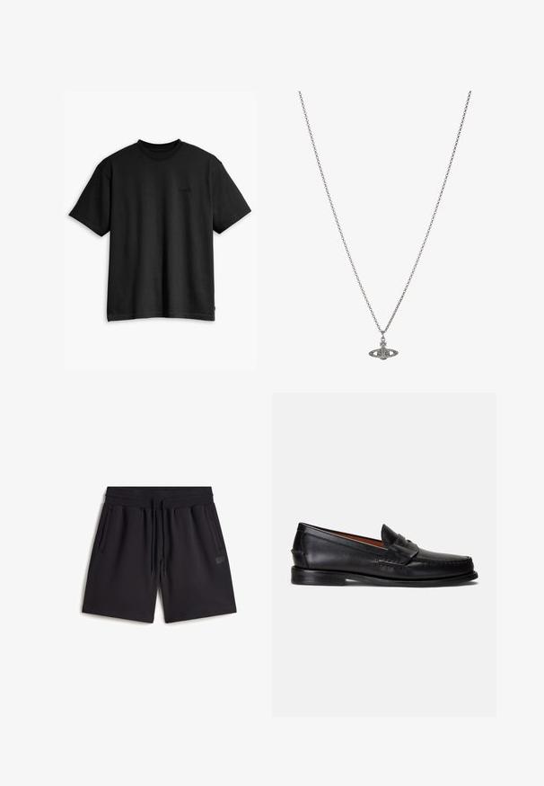 Sort bomulds T-shirt med runde halsudskæring og korte ærmer. Har et diskret frontlogo og en lige kant. Enkel og minimalistisk design.; Sorte svedshorts lavet af en blanding af bomuldsstof. Har en elastisk talje med snørrebånd, sidelommer og et lille logo-patch.; Sorte læderloafer med en glat finish, rundet tå og et dekorativt bånd over overdelen. Har en lav sort sål.; Sølv kæde med en detaljeret vedhæng i form af en planet, prydet med små accenter og intrikate mønstre.