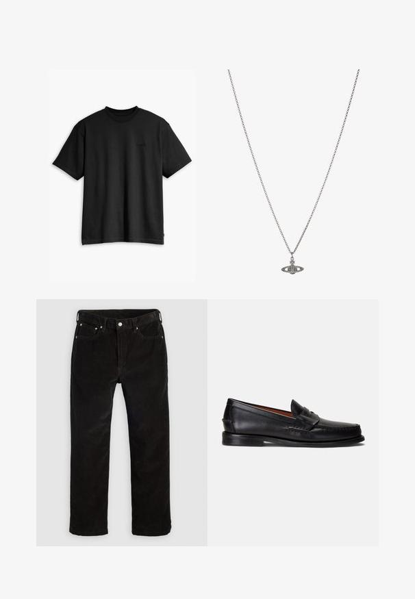 Black cotton t-shirt with a crew neck and short sleeves. Features a subtle front logo and a straight hemline. Simple and minimalistic design.; Black corduroy straight-leg pants with front button, zipper fly, belt loops, and five-pocket design on a plain light background.; Black leather loafers with a smooth finish, rounded toe, and a decorative band across the upper. Features a low black sole.; Silver chain necklace featuring a detailed pendant in the shape of a planet, adorned with small accents and intricate patterns.
