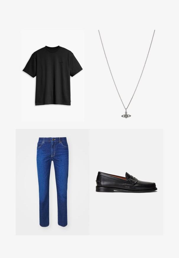 Tricou din bumbac negru, cu guler rotund și mâneci scurte. Are un logo subtil în față și o linie de tiv dreaptă. Design simplu și minimalist.; Jeans de denim albastru închis, cu o croială dreaptă, design cu cinci buzunare și cusături aurii. Prezintă închidere cu un buton în față și bucle pentru curea.; Mocasini negri din piele cu finisaj neted, vârf rotund și o bandă decorativă peste partea superioară. Prezintă o talpă joasă neagră.; Colier din argint cu un pandantiv detaliat în formă de planetă, împodobit cu accente mici și modele complicate.