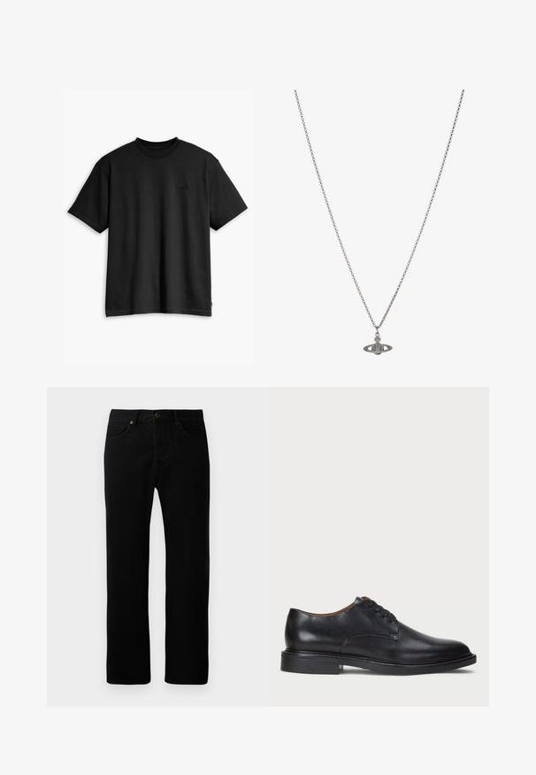 Black cotton t-shirt with a crew neck and short sleeves. Features a subtle front logo and a straight hemline. Simple and minimalistic design.; Black denim jeans with a straight leg design, five-pocket styling, front button closure, and subtle stitching details.; Black leather dress shoe with a round toe, lace-up design, and a low stacked heel. Smooth texture with minimal stitching details.; Silver chain necklace featuring a detailed pendant in the shape of a planet, adorned with small accents and intricate patterns.