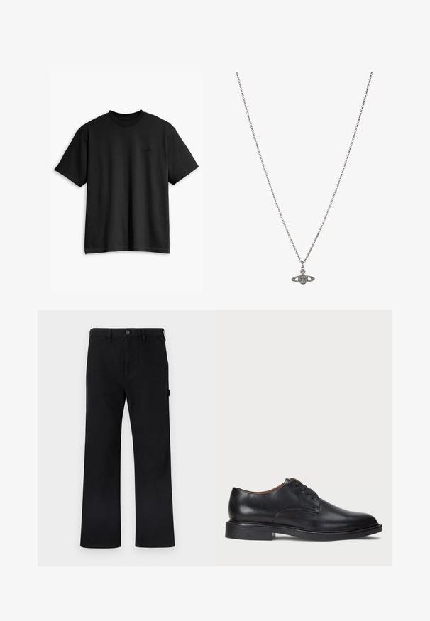 Zwarte katoenen t-shirt met een ronde hals en korte mouwen. Heeft een subtiel logo aan de voorkant en een rechte zoom. Eenvoudig en minimalistisch ontwerp.; Zwarte katoenen broek met rechte pijpen, knoopsluiting, riemlussen en zijzakken. Gladde textuur zonder zichtbare patronen of merklabels.; Zwart leren dresschoen met een ronde neus, vetersluiting en een lage gestapelde hak. Gladde textuur met minimale stiksels.; Zilveren ketting met een gedetailleerde hanger in de vorm van een planeet, versierd met kleine accenten en verfijnde patronen.