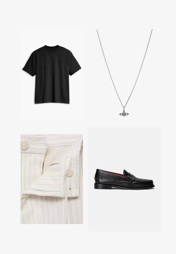 Crna pamučna majica s kratkim rukavima i okruglim izrezom. Ima suptilan logo na prednjoj strani i ravni rub. Jednostavan i minimalistički dizajn.; Bijela, teksturirana tkanina s vertikalnim prugama; sadrži gumbe i zatvaranje na vezicu; uključuje detalj unutarnje džepa.; Crne kožne mokasine s glatkom završnom obradom, zaobljenim vrhom i ukrasnim remenom preko gornjeg dijela. Imaju nisku crnu potplatu.; Srebrna ogrlica s lancem koja sadrži detaljan privjesak u obliku planete, ukrašen malim akcentima i složenim uzorcima.