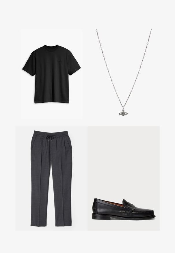 Zwarte katoenen t-shirt met een ronde hals en korte mouwen. Heeft een subtiel logo aan de voorkant en een rechte zoom. Eenvoudig en minimalistisch ontwerp.; Donkergrijze elastische broek met zwarte trekkoord, zijzakken en een rechte pijp.; Zwarte leren instapper met een ronde neus, gestikte details en een decoratieve band aan de voorkant. Platte zool met een minimaal profiel.; Zilveren ketting met een gedetailleerde hanger in de vorm van een planeet, versierd met kleine accenten en verfijnde patronen.
