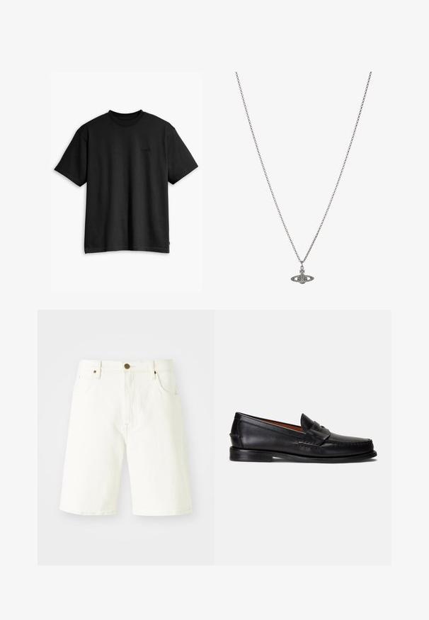 Crna pamučna majica s kratkim rukavima i okruglim izrezom. Ima suptilan logo na prednjoj strani i ravni rub. Jednostavan i minimalistički dizajn.; Bijele traperice kratke hlače ravnog kroja, klasičnog dizajna s pet džepova i zatvaranjem na bakreni gumb. Glatka tekstura i obrubljeni rubovi.; Crne kožne mokasine s glatkom završnom obradom, zaobljenim vrhom i ukrasnim remenom preko gornjeg dijela. Imaju nisku crnu potplatu.; Srebrna ogrlica s lancem koja sadrži detaljan privjesak u obliku planete, ukrašen malim akcentima i složenim uzorcima.
