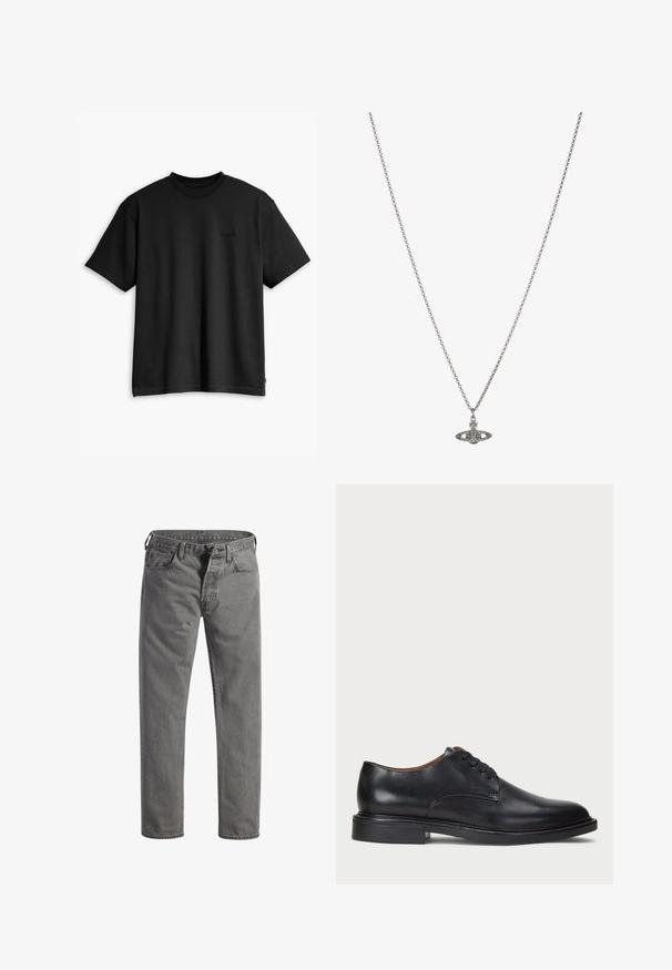 Must must-hallide t-särk, millel on ümmargune kaelus ja lühikesed varrukad. Esiküljel on tagasihoidlik logo ja sirge alläär. Lihtne ja minimalistlik kujundus.; Hallid denimpüksid sirge lõikega, nupuväline sulgur, viis taskut ja kergelt kulunud viimistlus. Tavaline vöökoht koos vöökingadega.; Must musta kleitjalats ümarate varvastega, paeltega disain ja madal virnastatud konts. Sile tekstuur minimaalsete õmblustega.; Hõbedane kettkaelakee, millel on detailselt kujundatud pendel, mis on planeedi kuju, kaunistatud väikeste aktsentide ja keerukate mustritega.