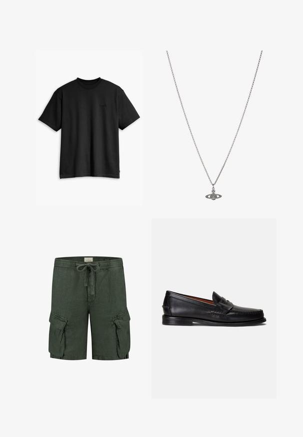 Črna bombažna majica s kratkimi rokavi in krožnim izrezom. Ima diskreten logo na sprednji strani in raven rob. Preprost in minimalističen dizajn.; Temnozeleni laneni cargo kratki hlače z elastičnim pasom, zapiranjem na vrvico in dvema stranskima žepoma z opozorilnimi podrobnostmi.; Črni usnjeni loaferji z gladkim zaključkom, zaobljenim koničkom in okrasnim trakom čez zgornji del. Imajo nizko črno podplato.; Srebrna verižica z obeskom v obliki planeta, okrašena z majhnimi detajli in zapletenimi vzorci.