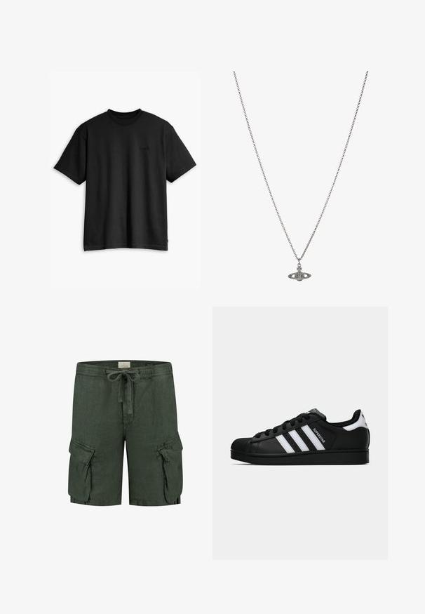 Black cotton t-shirt with a crew neck and short sleeves. Features a subtle front logo and a straight hemline. Simple and minimalistic design.; Dark green linen cargo shorts with elastic waistband, drawstring closure, and two side pockets with flap detailing.; Black Adidas Superstar sneaker with white stripes, shell toe, and "Superstar" text on side, shown in side profile on white background.; Silver chain necklace featuring a detailed pendant in the shape of a planet, adorned with small accents and intricate patterns.