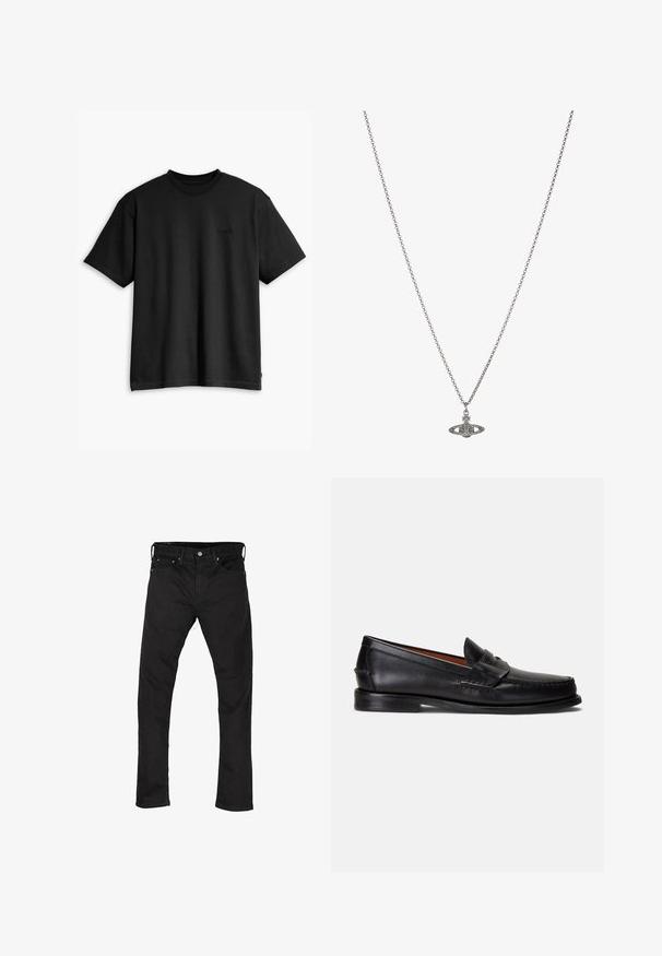 Black cotton t-shirt with a crew neck and short sleeves. Features a subtle front logo and a straight hemline. Simple and minimalistic design.; Black slim-fit jeans with five pockets and button closure, displayed flat on a white background.; Black leather loafers with a smooth finish, rounded toe, and a decorative band across the upper. Features a low black sole.; Silver chain necklace featuring a detailed pendant in the shape of a planet, adorned with small accents and intricate patterns.