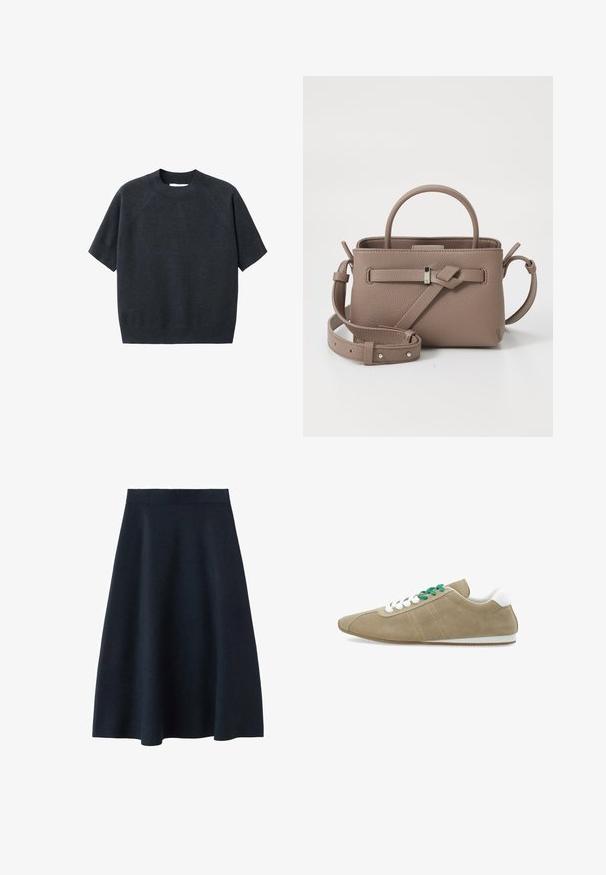 Ciemnoszara, krótkoskrzydła dzianinowa bluzka z okrągłym dekoltem, w luźnym fasonie i raglanowymi rękawami, wykonana z miękkiej, teksturowanej tkaniny.; Czarna granatowa midi spódnica wykonana z gładkiego materiału, z dopasowanym pasem i rozkloszowanym kształtem, bez widocznych wzorów czy ozdób.; Beżowe zamszowe sneakersy z białymi akcentami, płaską białą podeszwą i zielonymi sznurówkami. Posiadają dwie ukośne białe paski po bokach.; Taupe skórzana torebka o fakturze z górnym uchwytem, regulowanym paskiem na ramię i dekoracyjnym węzłem na czystym białym tle.