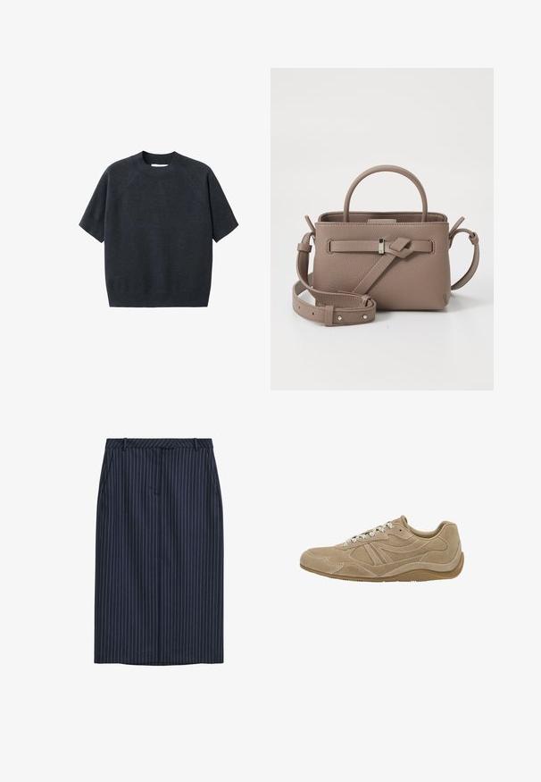 Tamno siva kratkodlaka pletena majica s kratkim rukavima i okruglim izrezom, koja ima opušteni kroj i raglan rukave, izrađena od mekog, teksturiranog materijala.; Tamno plava olovka suknja s prugicama, ravnog kroja, prednjim džepovima, pojasom i glatkom teksturom. Nema vidljivih kopči ili zatvaranja.; Bežanke od suède s niskim profilom, teksturiranom površinom i bijelim vezicama. Ima zakrivljen dizajn i gumeni đon za bolje prianjanje.; Taupe teksturirana kožna torba s gornjom ručkom, podesivom naramenicom i dekorativnom čvorastom detaljem na čistoj bijeloj pozadini.
