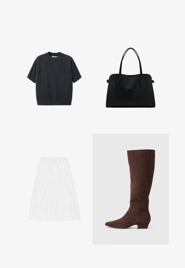 Dunkelgrauer, kurzärmeliger Strickpullover mit Rundhalsausschnitt, der eine lockere Passform und Raglanärmel hat, aus einem weichen, strukturierten Stoff gefertigt.; Weißer schichtweise gezogener Rock aus strukturiertem Stoff. Er verfügt über einen elastischen Bund und drei horizontale Rüscheln mit einem weichen, leichten Aussehen.; Braune Wildleder-Stiefel in kniehoher Ausführung mit spitzem Schuhkopf, niedrigem Absatz und glatter Textur. Sie zeichnen sich durch ein elegantes Design mit subtilen Stickdetails aus.; Schwarze Lederhandtasche mit zwei Schulterriemen, rechteckiger Form und minimalistischem Design auf weißem Hintergrund.