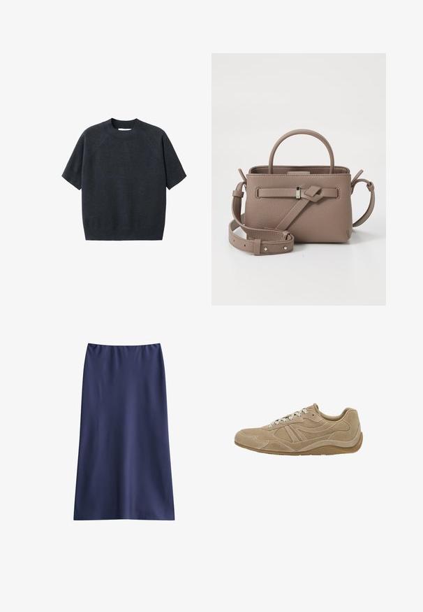 Pull tricot coupe courte gris foncé à manches courtes avec col rond, présentant une coupe ample et des manches raglan, fabriqué à partir d'un tissu doux et texturé.; Jupe bleu marine midi en tissu lisse, présentant un design simple et droit avec une taille élastique et sans fermetures visibles.; Baskets en suède beige avec un profil bas, une surface texturée et des lacets blancs. Présente un design courbé et une semelle en caoutchouc pour une meilleure adhérence.; Sac à main en cuir texturé taupe avec une poignée supérieure, une bandoulière réglable et un détail de nœud décoratif sur un fond blanc pur.