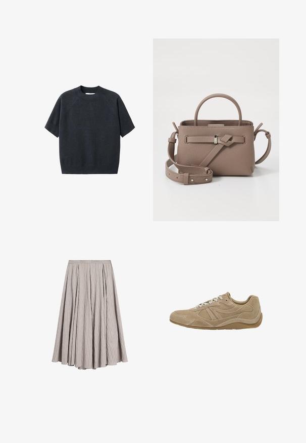 Donkergrijze korte mouwen gebreide trui met een ronde hals, met een losse pasvorm en raglanmouwen, gemaakt van een zachte, gestructureerde stof.; Lichtgrijze midi-jurk van textuurstof met verticale plooien, voorzien van een aansluitende tailleband en een vloeiende A-lijn vorm.; Beige suède sneaker met een laag profiel, gestructureerd oppervlak en witte veters. Heeft een gebogen ontwerp en een rubberen zool voor grip.; Taupe leren handtas met textuur, bovenhandvat, verstelbare schouderband en decoratieve knoopdetail op een witte achtergrond.
