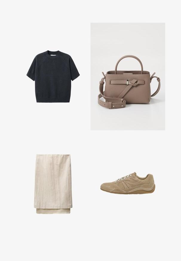 Pulover scurt, gri închis, cu mânecă scurtă și decolteu rotund, cu o croială lejeră și mâneci tip raglan, fabricat dintr-un material moale și texturat.; Fustă bej din in cu croială dreaptă, având un design în straturi la margine pentru o dimensiune și textură suplimentară. Material neted și ușor.; Adidași bej din suede cu profil scăzut, suprafață texturată și șireturi albe. Prezintă un design curbat și o talpă din cauciuc pentru aderență.; Geantă din piele texturată de culoare taupe, cu maner superior, curea pentru umăr ajustabilă și detaliu decorativ sub formă de nod, pe un fundal alb curat.