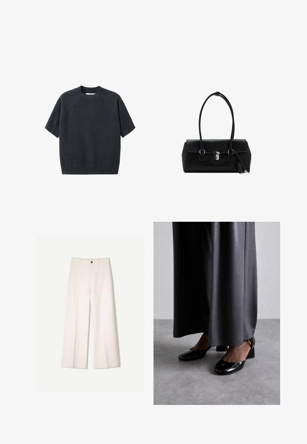 Tmavě šedý krátký rukáv pletený svetr s kruhovým výstřihem, s volným střihem a raglánovými rukávy, vyrobený z měkké texturované látky.; Krémové široké kalhoty s tailored designem, které mají dvě přední kapsy a jedno zapínání na knoflík vpředu, vyrobené z hladkého materiálu.; Sergio Rossi Klasické lodičky - nero; Černá kožená kabelka s hladkým povrchem, strukturovaným designem, dvojitými uchy a stříbrným kováním ve středu.