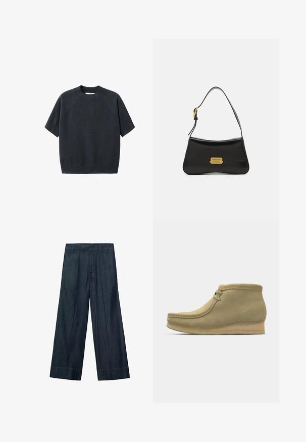Maglione a maniche corte grigio scuro a maglia con colletto tondo, caratterizzato da una vestibilità morbida e maniche raglan, realizzato in un tessuto soffice e texturizzato.; Pantaloni a gamba larga in denim scuro, con un alto punto vita, pieghe frontali e una texture liscia. L'orlo è dritto senza ulteriori dettagli.; Stivaletti alla caviglia in suede beige con punta tonda, cuciture minime, tacco basso e chiusura con lacci per una vestibilità regolabile.; Borsa a tracolla in pelle nera con un design curvo, accentuata da una placca del logo dorata e una tracolla sottile. Texture liscia con una finitura elegante.