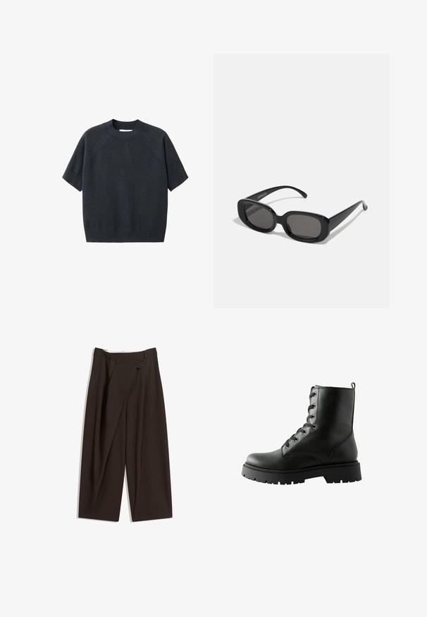 Pull tricot coupe courte gris foncé à manches courtes avec col rond, présentant une coupe ample et des manches raglan, fabriqué à partir d'un tissu doux et texturé.; Pantalons larges marron foncé à taille haute, dotés d'une fermeture à un bouton et d'un devant plissé. Confectionnés en tissu léger.; Bottine en cuir noir avec une finition texturée, six œillets en métal et un laçage. Semelle en caoutchouc épaisse avec un léger motif de bande de roulement.; Lunettes de soleil rectangulaires noires avec des verres foncés. Monture en plastique épaisse, texture lisse et bords arrondis. Les branches élégantes s'étendent vers l'extérieur.; Sac hobo en cuir beige avec une texture lisse. Il dispose d'une large ouverture sur le dessus et d'une seule bandoulière large. Forme arrondie et décontractée.