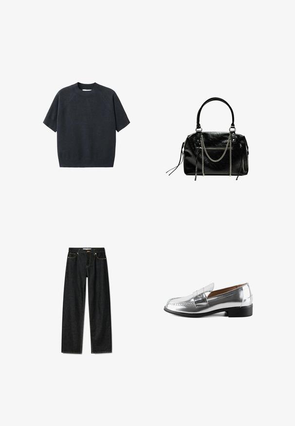 Tmavě šedý krátký rukáv pletený svetr s kruhovým výstřihem, s volným střihem a raglánovými rukávy, vyrobený z měkké texturované látky.; Tmavé džínové kalhoty se střihovým provedením rovného střihu, zapínání na mosazný knoflík a kontrastním žlutým prošíváním. Obsahují pět kapes a mají klasický střih.; Stříbrné kožené mokasíny s kulatou špičkou a prošívanými detaily. Mají plochou černou podrážku a hladký, lesklý povrch.; Bershka WITH CHAIN - Kabelka - black