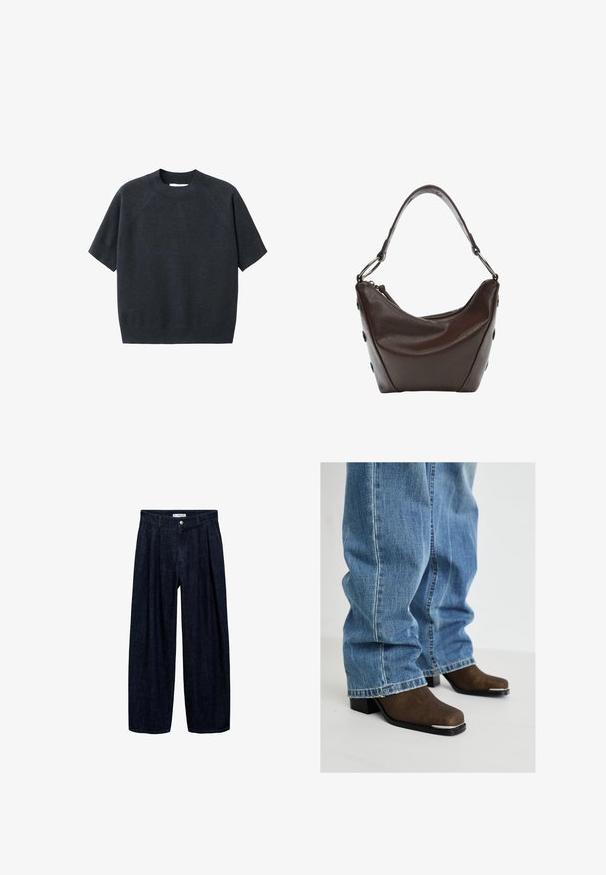 Temno siva kratka pletena majica s kratkimi rokavi in krožnim izrezom, z ohlapnim fitom in raglan rokavi, izdelana iz mehkega, teksturiranega blaga.; Temne traper hlače širokega kroja z naborki na pasu, z sprednjim gumbom in zankami za pas. Gladka tekstura in dolga zasnova.; Rjave usnjene gležnjarje s kvadratnimi prsti, črnimi petami in srebrnimi detajli, v kombinaciji z svetlo modrimi kavbojkami ohlapnega kroja.; Temna rjava usnjena torbica s ukrivljeno obliko, z zadrgo in kratko ročico. Ima kovinske dodatke in okrasne črne gumbe na strani.