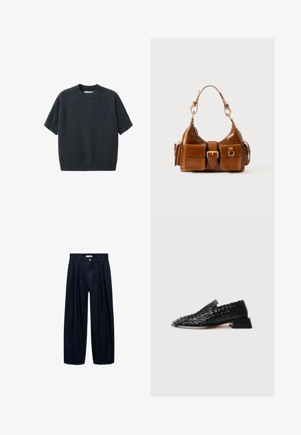 Dark gray short-sleeve knit sweater with a crew neck, featuring a loose fit and raglan sleeves, made from a soft, textured fabric.; Dark denim wide-leg trousers with pleats at the waist, featuring a front button and belt loops. Smooth texture and full-length design.; Black leather woven slip-on shoe with low block heel and scalloped edge detail, displayed on a white background.; Brown leather handbag with a curved shape, dual gold-tone hardware, two front pockets, and a wide strap. Smooth texture with a sleek finish.