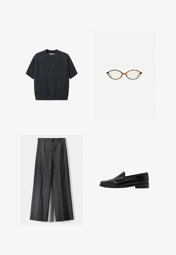 Dunkelgrauer, kurzärmeliger Strickpullover mit Rundhalsausschnitt, der eine lockere Passform und Raglanärmel hat, aus einem weichen, strukturierten Stoff gefertigt.; Weite Beinhosen aus dunkelgrauem Stoff mit Knopfverschluss, vorderen Falten und Gürtelschlaufen. Glatte Textur mit maßgeschneidertem Design.; Mango Slipper - black; Schildpatt-Eyegläser mit ovalen Gläsern und einer eleganten, glatten Oberfläche. Mit dünnen Seiten und einer subtilen Kurve an den Schläfen. Klare Gläser.