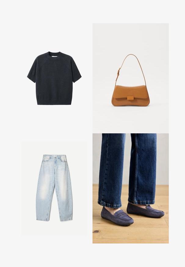 Dunkelgrauer, kurzärmeliger Strickpullover mit Rundhalsausschnitt, der eine lockere Passform und Raglanärmel hat, aus einem weichen, strukturierten Stoff gefertigt.; Hellblaue Jeans aus Denim mit lockerer Passform, im ausgewaschenen Finish, zwei Fronttaschen und einem Knopfverschluss am Bund.; Lila Wildleder-Lokschuhe mit gestepptem Nahtdetails und einer flachen Gummisohle, getragen mit weit geschnittenen blauen Jeans, die einen lässigen Stil auf einem Holzfußboden zeigen.; Tasche aus tanfarbener Leder mit einem genähten Muster entlang der Kanten und einem verstellbaren Schultergurt. Verfügt über einen Klappenverschluss und ein kleines Logopatch.; Silberner Doppelring mit einer glatten, polierten Oberfläche. Verfügt über ein fließendes, kurviges Design mit überlappenden Abschnitten für einen modernen Look.