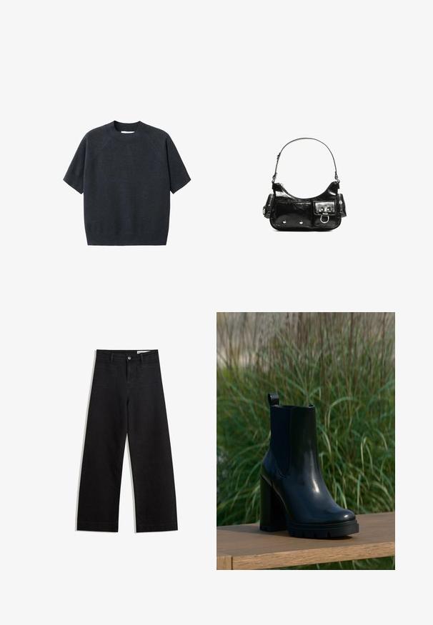 Ciemnoszara, krótkoskrzydła dzianinowa bluzka z okrągłym dekoltem, w luźnym fasonie i raglanowymi rękawami, wykonana z miękkiej, teksturowanej tkaniny.; Czarne dżinsowe spodnie o szerokich nogawkach i wysokim stanie, z przednimi i tylnymi kieszeniami, przeszyciami oraz zapięciem na guziki. Gładka struktura.; Czarne, błyszczące skórzane botki za kostkę z grubym, wysokim obcasem i pętelką do zakupu, wyeksponowane na drewnianej powierzchni z tłem z zielonej, wysokiej trawy.; Czarna torebka z lakierowanej skóry o zaokrąglonym kształcie, z jednym paskiem na ramię, przednimi kieszeniami i akcentami w kolorze srebrnym.