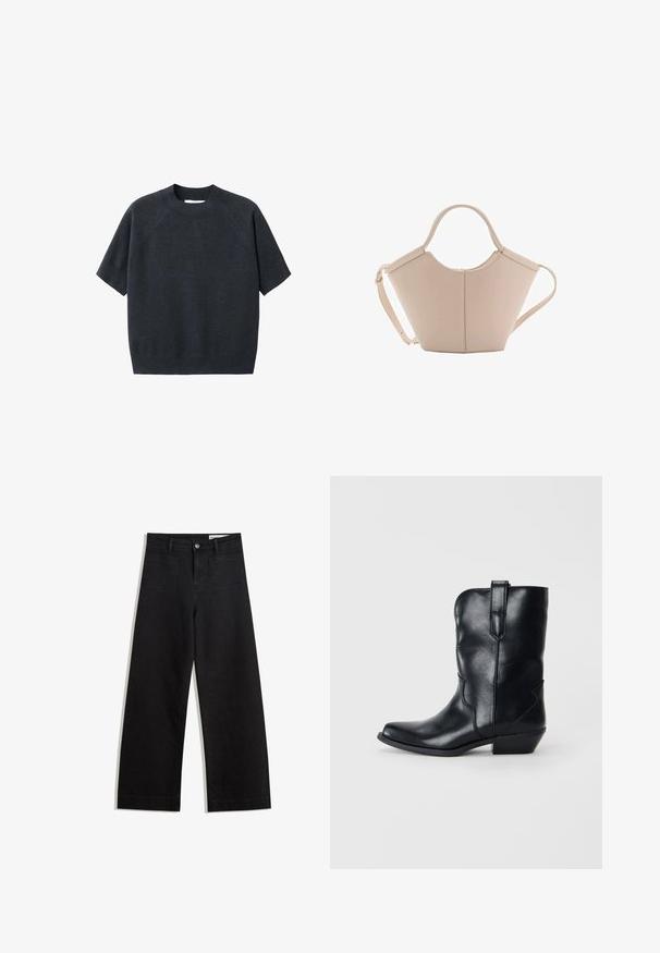 Dark gray short-sleeve knit sweater with a crew neck, featuring a loose fit and raglan sleeves, made from a soft, textured fabric.; Black wide-leg denim pants with a high waist, featuring front and back pockets, stitched seams, and a button closure. Smooth texture.; Black leather cowboy boot with a pointed toe, mid-calf height, decorative stitching, and a small heel. Features a pull tab for easy wear.; Beige leather handbag with a unique shape, featuring two short handles and a long adjustable strap. Smooth texture with minimal hardware.