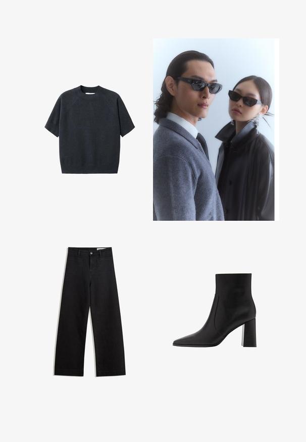 Ciemnoszara, krótkoskrzydła dzianinowa bluzka z okrągłym dekoltem, w luźnym fasonie i raglanowymi rękawami, wykonana z miękkiej, teksturowanej tkaniny.; Czarne dżinsowe spodnie o szerokich nogawkach i wysokim stanie, z przednimi i tylnymi kieszeniami, przeszyciami oraz zapięciem na guziki. Gładka struktura.; Czarny skórzany botek za kostkę z ostrym noskiem, z średniej wysokości osadzeniem na słupku oraz gładkim, błyszczącym wykończeniem. Minimalne szwy i czysty design.; Okulary przeciwsłoneczne z kanciastymi czarnymi oprawkami na modelu w szarym swetrze, prezentujące teksturowany dzianinowy materiał oraz czarną skórzaną kurtkę noszoną przez innego modela.; Czarna skórzana torba tote z zakrzywionym uchwytem, wydłużonym trójkątnym kształtem i gładką fakturą. Charakteryzuje się minimalistycznym wzornictwem bez widocznych elementów metalowych.