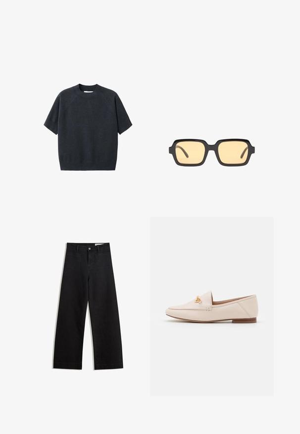 Tummanharmaa lyhythihainen neulepusero, jossa on pyöreä kaula-aukko, löysä istuvuus ja raglan-hihat, valmistettu pehmeästä, teksturoidusta kankaasta.; Mustat leveät farkut korkealla vyötäröllä, joissa on etu- ja takataskut, ommellut saumat ja nappisuljenta. Silkinoinen rakenne.; Beige nahkasaappaat, joissa on tyylikäs muotoilu, teräväkärkiset ja kultaiset yksityiskohdat. Matala ruskea korko vakautta ja mukavuutta varten.; Mustat suorakulmaiset aurinkolasit keltaisilla linsseillä, kevytrakenteinen kehys ja erottuvat tylppäpäät tempuissa. Sujuva, kiiltävä pinta.; Vaaleanbeige nahkainen käsilaukku, jossa on ainutlaatuinen muoto, varustettuna kahdella lyhyellä kahvalla ja yhdellä pitkällä säädettävällä hihnalla. Sujuva pinta ja vähän metalliosia.