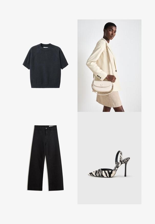 Mörkgrå kortärmad stickad tröja med rund hals, med en löst sittande passform och raglanärmar, tillverkad av ett mjukt, texturerat tyg.; Svarta vida denimbyxor med hög midja, med fram- och bakfickor, sydda sömmar och knappstängning. Slät textur.; Skarp tå slingback-klack i svart och kräm randig zebra-print, med en slank hög klack och öppen baksida med svart inredning.; COACH EMMY SADDLE BAG 23 - Handväska - chalk