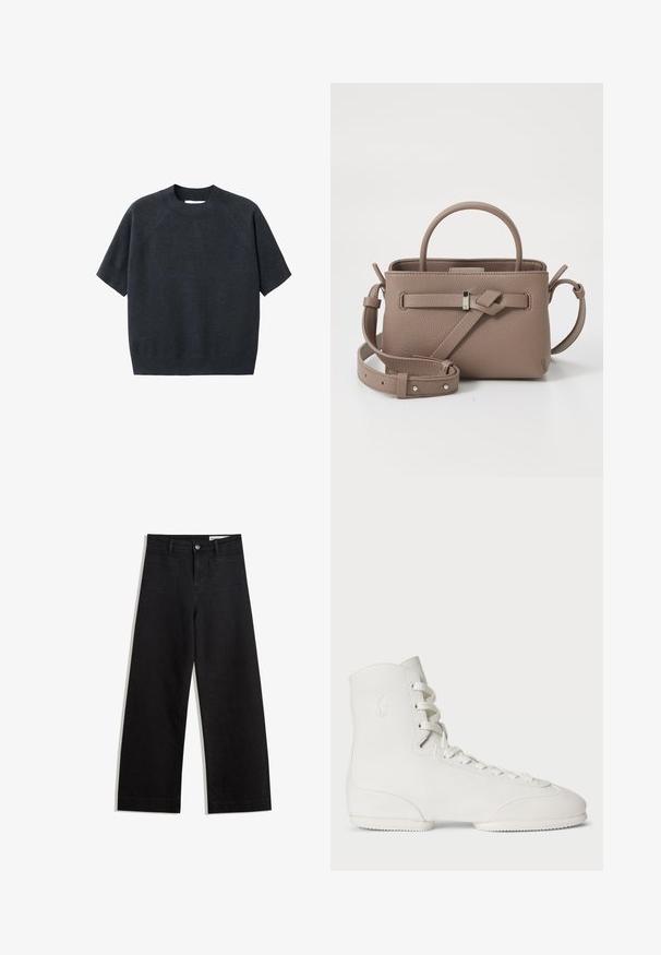 Tamno siva kratkodlaka pletena majica s kratkim rukavima i okruglim izrezom, koja ima opušteni kroj i raglan rukave, izrađena od mekog, teksturiranog materijala.; Crne široke traperice s visokim strukom, s prednjim i stražnjim džepovima, šivenim šavovima i kopčanjem na gumb. Glatka tekstura.; Polo Ralph Lauren THE HIGH TOP PONY BALLERINA SNEAKER - Visoke tenisice - white; Taupe teksturirana kožna torba s gornjom ručkom, podesivom naramenicom i dekorativnom čvorastom detaljem na čistoj bijeloj pozadini.