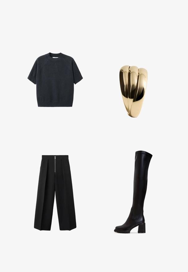 Pulover scurt, gri închis, cu mânecă scurtă și decolteu rotund, cu o croială lejeră și mâneci tip raglan, fabricat dintr-un material moale și texturat.; Pantaloni negri cu croi larg, cu pliseuri frontale și un sistem de închidere cu fermoar metalic vizibil la talie, față plată și buzunare laterale.; Cizme negre din piele, până la genunchi, cu toc gros, textură netedă și vârf rotund; prezintă detalii de cusătură vizibile pe partea superioară.; Mango Brăţară - gold-coloured