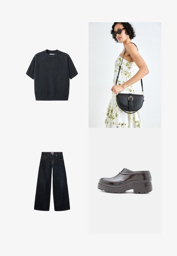 Ciemnoszara, krótkoskrzydła dzianinowa bluzka z okrągłym dekoltem, w luźnym fasonie i raglanowymi rękawami, wykonana z miękkiej, teksturowanej tkaniny.; Szerokie dżinsy w ciemnym kolorze z wysokim stanem, z kontrastowym przeszyciem, przednimi kieszeniami oraz minimalistycznym designem.; Brązowe, błyszczące klompy z zaokrąglonym noskiem, podniesionymi szwami oraz grubą, teksturowaną podeszwą dla lepszej przyczepności i wsparcia.; Czarna skórzana torebka o zakrzywionym kształcie, z odpinanym paskiem i złotymi akcentami. Torebka posiada klapę z zapięciem w kształcie klamry.