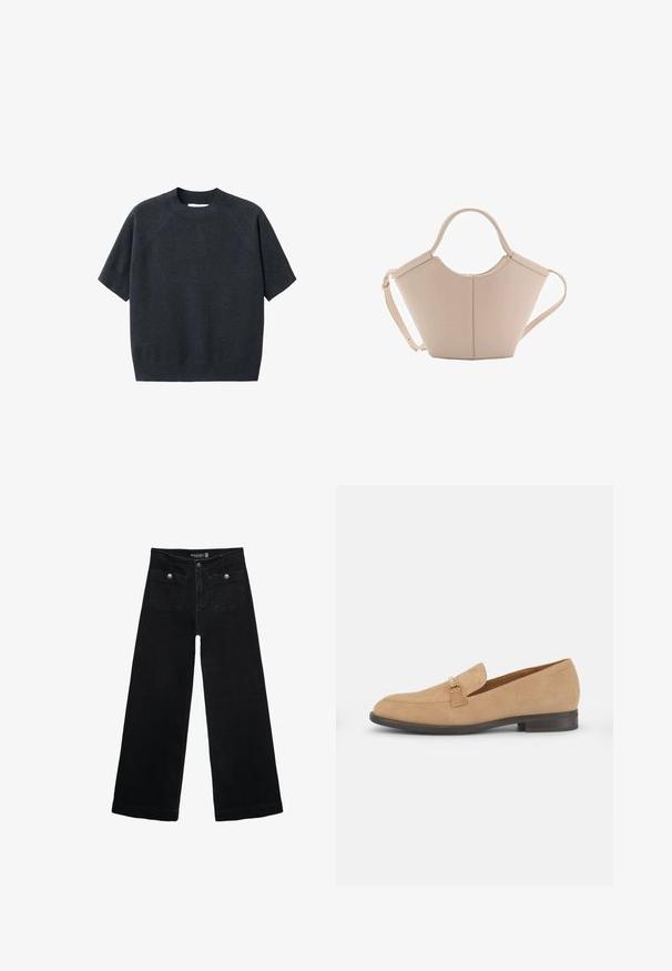 Tummanharmaa lyhythihainen neulepusero, jossa on pyöreä kaula-aukko, löysä istuvuus ja raglan-hihat, valmistettu pehmeästä, teksturoidusta kankaasta.; Mustat leveälahkeiset farkut korkean vyötärön kanssa, joissa on kaksi etutaskua ja metalliset nappikoristeet. Kangas on sileä.; Beige mokasinikengät, joissa on suljettu varvas, minimaalinen ommel ja koristeellinen nauha, jossa on kultasävyinen varaosa. Litteä kanta.; Vaaleanbeige nahkainen käsilaukku, jossa on ainutlaatuinen muoto, varustettuna kahdella lyhyellä kahvalla ja yhdellä pitkällä säädettävällä hihnalla. Sujuva pinta ja vähän metalliosia.