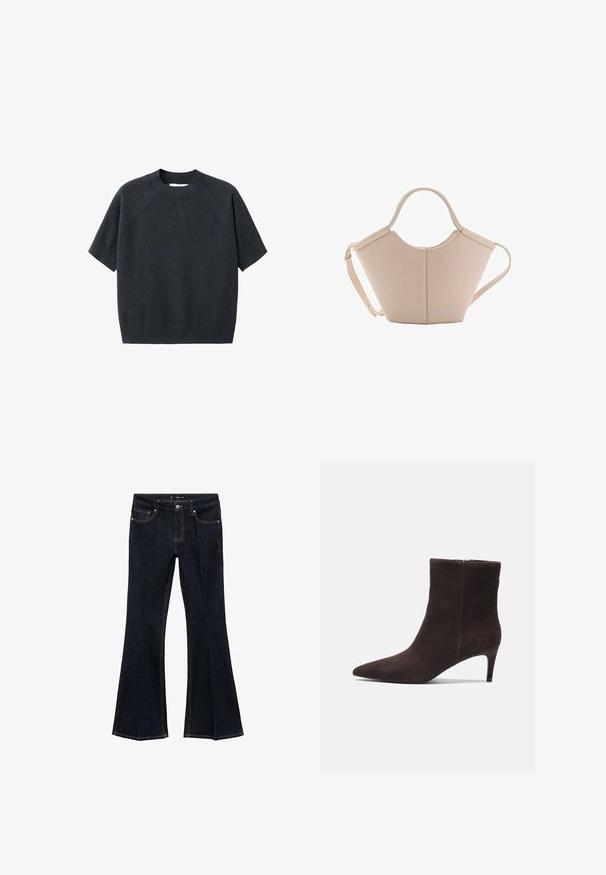 Tamno siva kratkodlaka pletena majica s kratkim rukavima i okruglim izrezom, koja ima opušteni kroj i raglan rukave, izrađena od mekog, teksturiranog materijala.; Tamno plave traperice visokog struka s prednjim džepovima i širokim nogavicama, prikazane ravno na bijeloj pozadini.; Smeđe nubuk gležnjače s ovalnim vrhom i potpeticom od 3 inča, s glatkom teksturom i minimalističkim dizajnom. Patenta na stražnjoj strani.; Bež kožna torba jedinstvenog oblika, s dva kratka ručka i dugom podesivom trakom. Glatka tekstura s minimalnim metalnim dodacima.