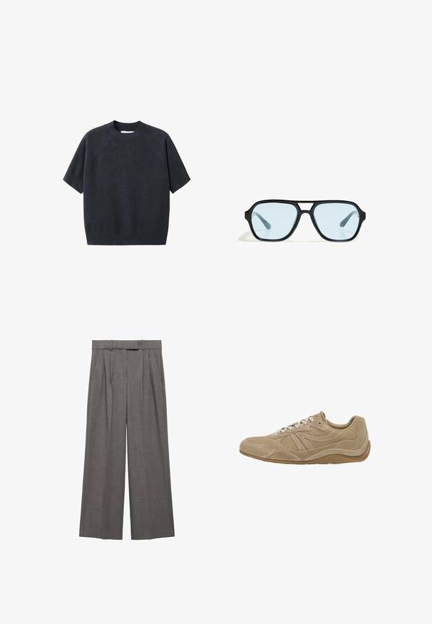 Donkergrijze korte mouwen gebreide trui met een ronde hals, met een losse pasvorm en raglanmouwen, gemaakt van een zachte, gestructureerde stof.; Grijze wijde broek van een gestructureerde stof, met een hoge taille, plooien en zijzakken.; Beige suède sneaker met een laag profiel, gestructureerd oppervlak en witte veters. Heeft een gebogen ontwerp en een rubberen zool voor grip.; Zwarte zonnebril met rechthoekige monturen, blauwgetinte lenzen en een onderscheidend brugontwerp. Strakke afwerking, ingetogen textuur.; Taupe leren handtas met textuur, bovenhandvat, verstelbare schouderband en decoratieve knoopdetail op een witte achtergrond.
