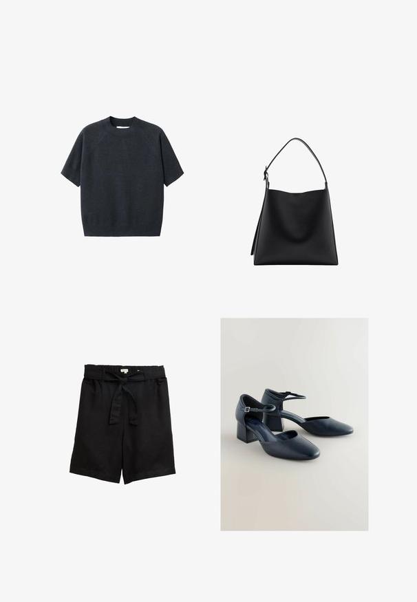 Donkergrijze korte mouwen gebreide trui met een ronde hals, met een losse pasvorm en raglanmouwen, gemaakt van een zachte, gestructureerde stof.; Zwarte linnen shorts met een relaxed fit, uitgerust met een elastische tailleband en een afneembare strikriem. Gladde textuur, zonder patronen of accenten.; Donkerblauwe blokhak schoenen met een ronde neus, een gladde lederen buitenkant, enkelband met een gesp en een open zijkant.; Zwarte leren handtas met een gladde textuur, minimalistisch design en een enkele, gebogen schouderband. Open bovenkant, geen zichtbare hardware.