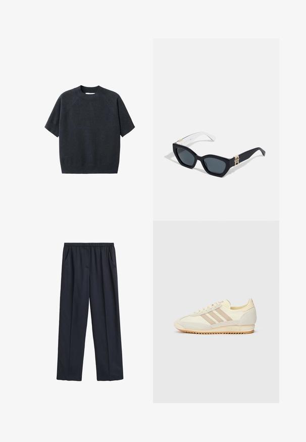 Maglione a maniche corte grigio scuro a maglia con colletto tondo, caratterizzato da una vestibilità morbida e maniche raglan, realizzato in un tessuto soffice e texturizzato.; Pantaloni larghi blu navy con cintura elastica, due tasche laterali, tessuto morbido e un design fluido.; Sneaker sportivo crema con tre strisce beige, materiali in suede e tessuto, suola testurizzata e logo in rilievo sul tallone.; Tommy Hilfiger Occhiali da sole - blue