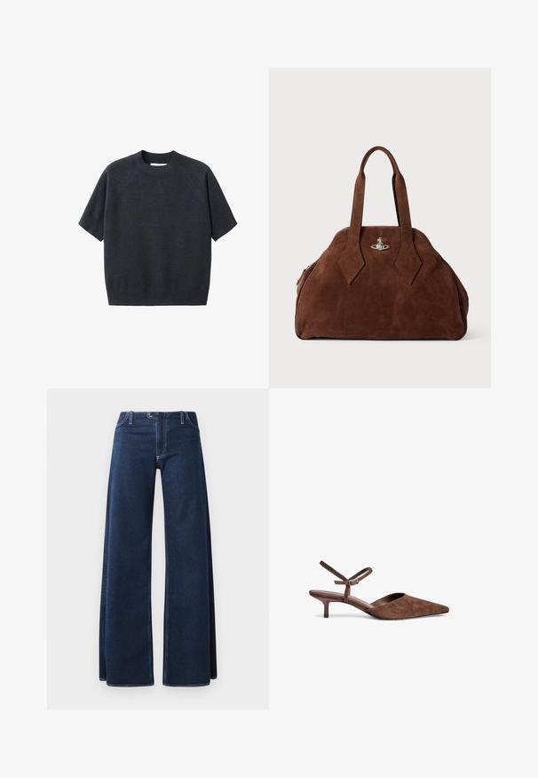 Temno siva kratka pletena majica s kratkimi rokavi in krožnim izrezom, z ohlapnim fitom in raglan rokavi, izdelana iz mehkega, teksturiranega blaga.; Svetle jeans hlače s širokimi nogavicami v temno modri barvi z vidnimi šivi, sprednjimi žepi in gumbom za zapiranje. Narejene iz trdnega jeansa.; Rjava suede slingback obutev s koničastim nosom, tankim zapenjalnim trakom in nizko, koničasto peto. Gladko notranje oblogo in minimalistično zasnovo.; Rjav sueden torbica s strukturovano obliko, zaobljeno telo in podolgovat diamanten ročaj. Ima srebrno kovinsko zapiranje.