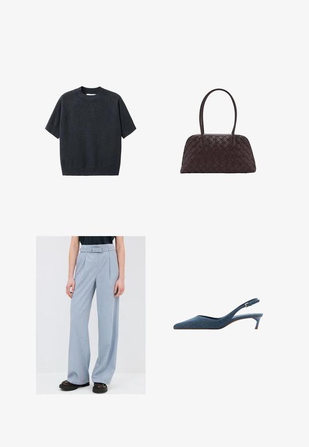 Mørkegrå kortærmet striktrøje med rund hals, fremhævet af en løs pasform og raglanærmer, lavet af et blødt, tekstureret stof.; Lyseblå brede bukser med bælte i taljen, fremstillet af et tekstureret stof. Har lige folder og en afslappet pasform.; Denim slingback-hæle med spids tå og en lav, slank hæl. Har et struktureret stof i mørkeblå og et elegant, strømlinet design.; Vævet brun lædertaske med rund form, dobbelt top håndtag og glat tekstur; har diskret syning som designdetalje.