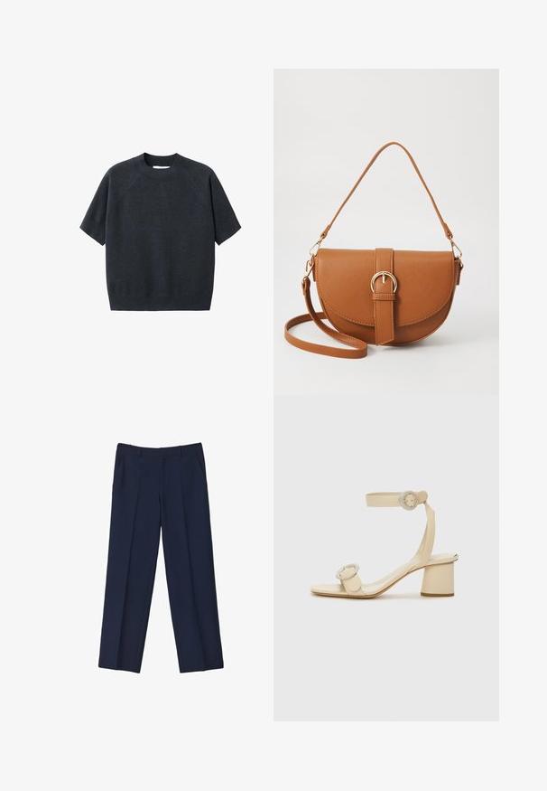 Tmavošedý krátky pletený sveter s okrúhlym výstrihom, ktorý má voľný strih a raglánové rukávy, vyrobený z mäkkej, textúrovanej látky.; Námornícky modré nohavice na mieru s rovnými nohavicami, so záhybmi vpredu a bočnými vreckami. Tkanina vyzerá hladko a má pevnú štruktúru.; Béžové sandále na podpätku so štvorcovou špičkou, nastaviteľným remienkom na členku a dvoma okrúhlymi prackami. Hladká kožená textúra a blokový podpätok.; Hnedá kožená kabelka cez telo s zakriveným tvarom, zlatými kovovými doplnkami a akcentom s prackou. Obsahuje odnímateľný ramenný popruh.