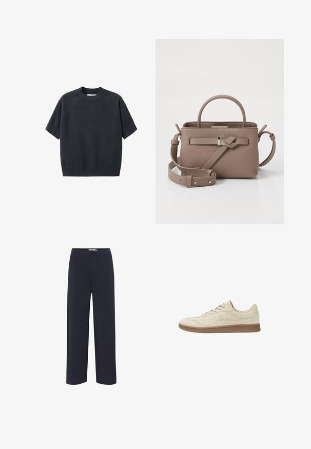 Temno siva kratka pletena majica s kratkimi rokavi in krožnim izrezom, z ohlapnim fitom in raglan rokavi, izdelana iz mehkega, teksturiranega blaga.; Mornarsko modre široke hlače iz mehkega materiala z elastičnim pasom in brez vidnih žepov ali okraskov.; Svetlo bež superge iz usnja z gladko teksturo; imajo gumo podplata, okrogle vezalke in subtilne perforacije na straneh.; Taupe usnjena torba z teksturo, z zgornjim ročajem, nastavljivim ramenim trakom in dekorativnim vozlom na čisti beli podlagi.