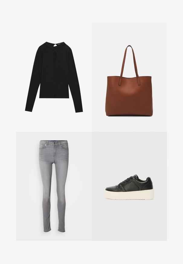 Čierny top s dlhými rukávmi a okrúhlym výstrihom, s detaily v tvare kľúčovej dierky na zadnej strane. Mäkký materiál s hladkou textúrou. Jednoduchý dizajn.; Sivé tesné džínsy, denimový materiál, dizajn s piatimi vreckami, pútka na opasok, predné zapínanie na gombík a jemný efekt vyblednutia na nohách.; Čierne kožené tenisky s hladkým povrchom, hrubou krémovou podrážkou, okrúhlou špičkou a klasickým šnurovaním. Jemné detaily prešitia.; Hnedá kožená taška na rameno s hladkou textúrou, otvoreným vrchom a dvoma ramenými popruhmi. Má minimálne šitia a žiadne viditeľné kovania.
