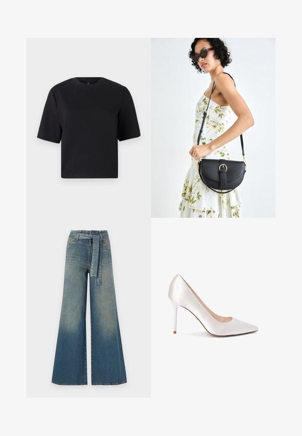 Czarny t-shirt z krótkim rękawem, okrągły dekolt, wykonany z gładkiej bawełnianej tkaniny; luźny krój, minimalistyczny design, bez widocznych wzorów czy akcentów.; Szerokie spodnie dżinsowe z gradientem od jasnoniebieskiego do ciemnoniebieskiego, wysokim stanem, szlufkami na pasek oraz pasującym paskiem z tkaniny. Teksturowany wykończenie dżinsu.; Czółenko na wysokim obcasie z szpiczastym noskiem, wykonane z białego satynowego materiału, z elegancką sylwetką i błyszczącym białym obcasem typu stiletto.; Czarna skórzana torebka o zakrzywionym kształcie, z odpinanym paskiem i złotymi akcentami. Torebka posiada klapę z zapięciem w kształcie klamry.
