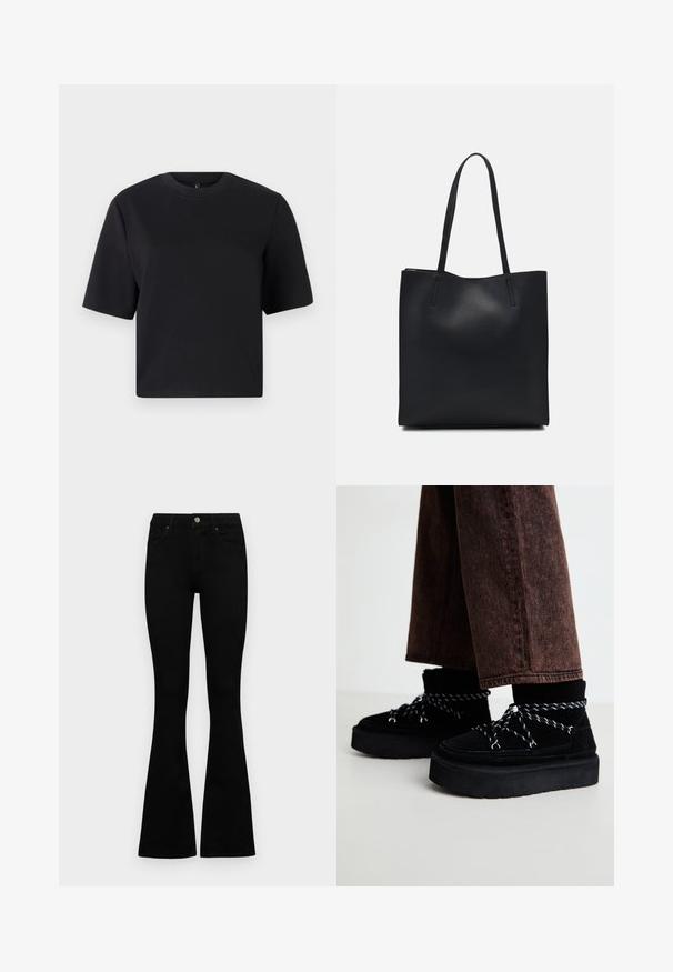 Tricou negru cu mânecă scurtă, decolteu rotund, realizat din țesătură de bumbac neted; croială lejeră, design minimal, fără modele sau accente vizibile.; Jeans negri cu evazare din denim. Au un sistem de închidere cu buton, cinci buzunare și o textură netedă. Evazarea începe sub genunchi.; Pantofi din suede negri cu talpă platformă din cauciuc groasă și șireturi cu model alb-negru. Purtați cu pantaloni din denim largi, de culoare maro închis.; Geantă tote neagră din piele, cu textură netedă, formă rectangulară și două mânere lungi. Fără hardware vizibil sau ornamente.