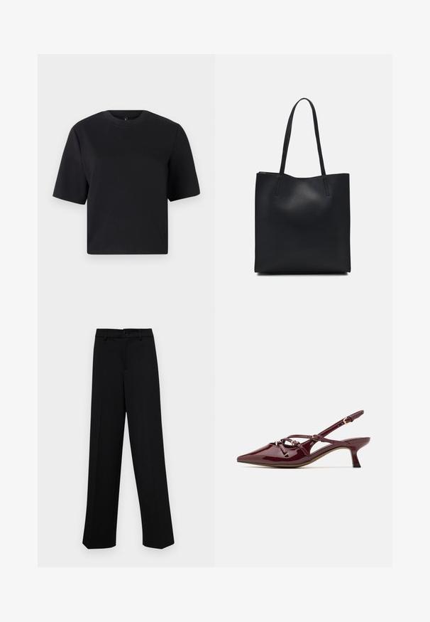 Čierne tričko s krátkym rukávom, okrúhly výstrih, vyrobené z hladkej bavlnenej látky; voľný strih, minimalistický dizajn, žiadne viditeľné vzory ani akcenty.; Čierne široké nohavice vyrobené z hladkej látky, s klasickým pásom a zapínaním na gombík, a prednými skladmi.; Burgundská lakovaná ballerina s špicatou špičkou, malým opätkom, dekoratívnymi popruhovými detailmi a lesklým povrchom.; Čierna kožená taška na rameno s hladkým povrchom, obdĺžnikovým tvarom a dvoma dlhými uchami. Bez viditeľného kovania alebo ozdôb.