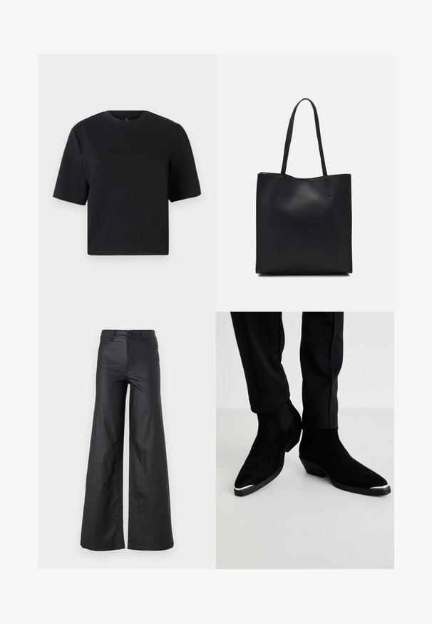 Camiseta negra de manga corta, con cuello redondo, hecha de una suave tela de algodón; corte relajado, diseño minimalista, sin patrones ni acentos visibles.; Pantalones de pierna ancha en material de cuero sintético. Presentan una cintura alta, trabillas para cinturón, dos bolsillos delanteros y detalles de costura.; Botas de tobillo de ante negro con punta afilada y un tacón bajo. Presentan una puntera plateada y paneles laterales elásticos. Combinadas con pantalones negros ajustados.; Bolso tote de cuero negro con textura lisa, forma rectangular y dos asas largas. Sin herrajes ni adornos visibles.