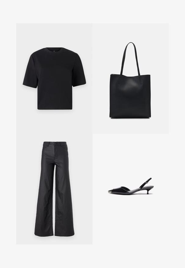Črna kratka majica s kratkimi rokavi, okroglo izrezana, izdelana iz gladkega bombažnega materiala; udoben kroj, minimalističen dizajn, brez vidnih vzorcev ali dodatkov.; Črne, širokoglede hlače iz umetnega usnja. Imajo visok pas, zanke za pas, dva sprednja žepa in šivano detajliranje.; Črne patentne usnjene čevlje s slingback pasom in ostrim nosom, metalni poudarek na nosu ter tanek kitten peto. Gladka tekstura, minimalisticna zasnova.; Črna usnjena torba s svilnato teksturo, pravokotne oblike in dvema dolgima ročajema. Brez vidnih metalnih delov ali okrasnih elementov.