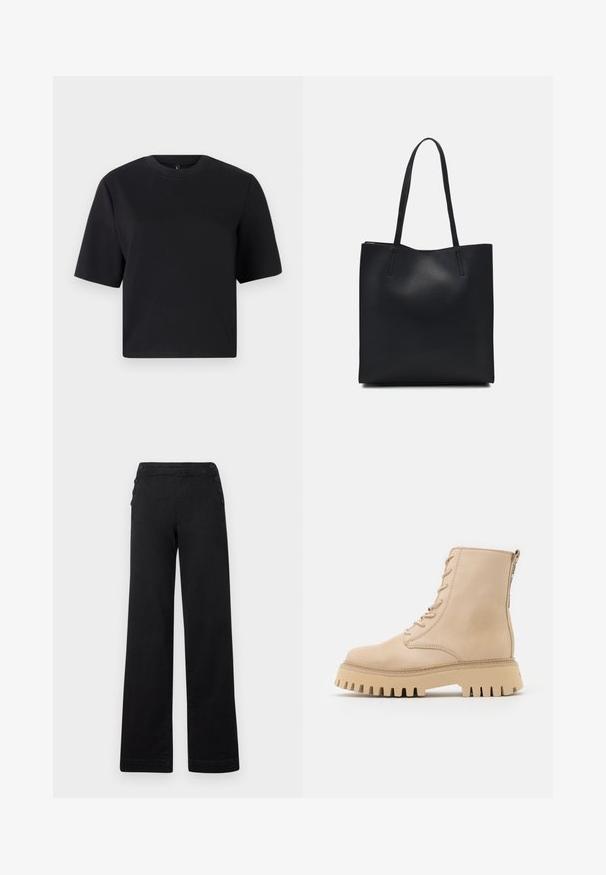 T-shirt nera a maniche corte, colletto rotondo, realizzata in cotone liscio; vestibilità rilassata, design minimale, senza motivi o accenti visibili.; Pantaloni neri a gamba larga con vita alta, dettagli con bottoni sui lati e una texture in denim liscia con una finitura pulita.; Stivaletti in pelle beige con punta arrotondata, lacci frontali e cerniera laterale, dotati di una suola spessa e seghettata.; Borsa tote in pelle nera con texture liscia, forma rettangolare e due manici lunghi. Nessun hardware o decorazione visibile.